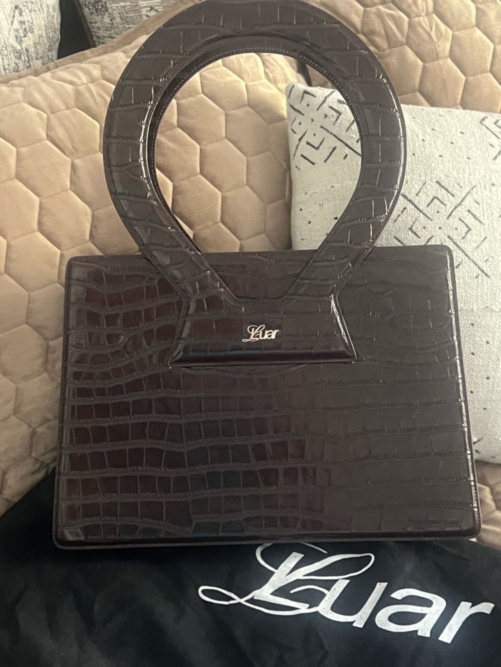 Luar  Croc-Embossed Leather Tote Bag in Brown